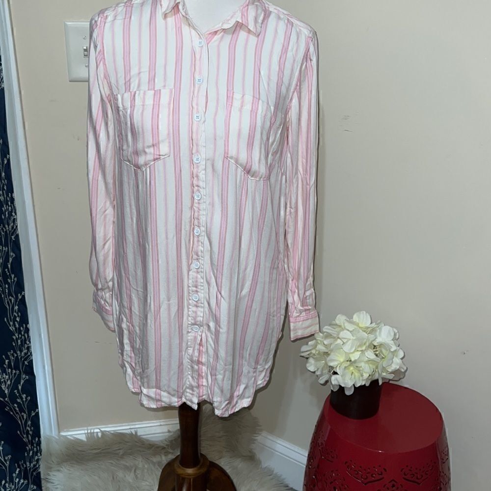 Melissa McCarthy Seven7 Button Up Shirt Long Sleeves Stripes Tunic Pockets sz S
